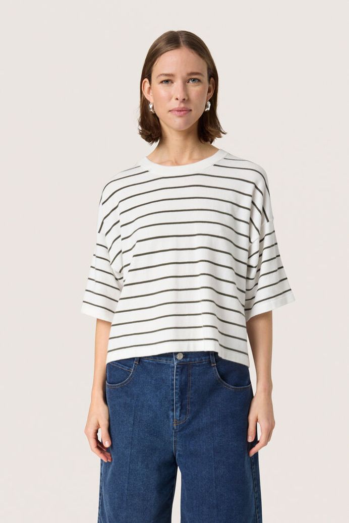 SLSpina Boxy Pullover - White With Grape Leaf Stripe