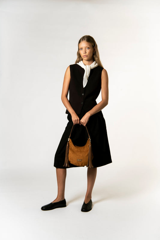 Large Scoop Top Tassle Bag - Tan