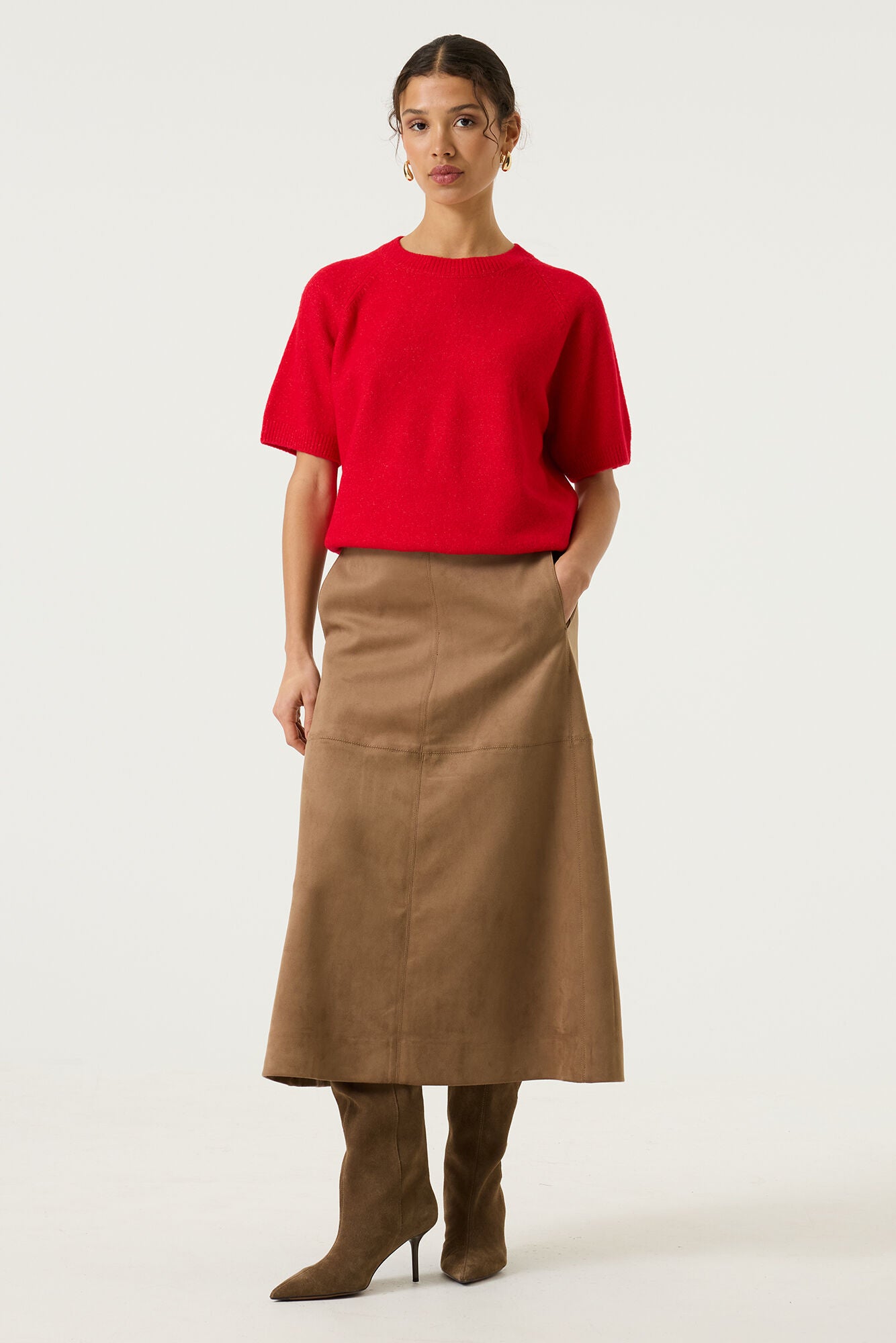 Suede Mid Length Skirt - Soft Taupe